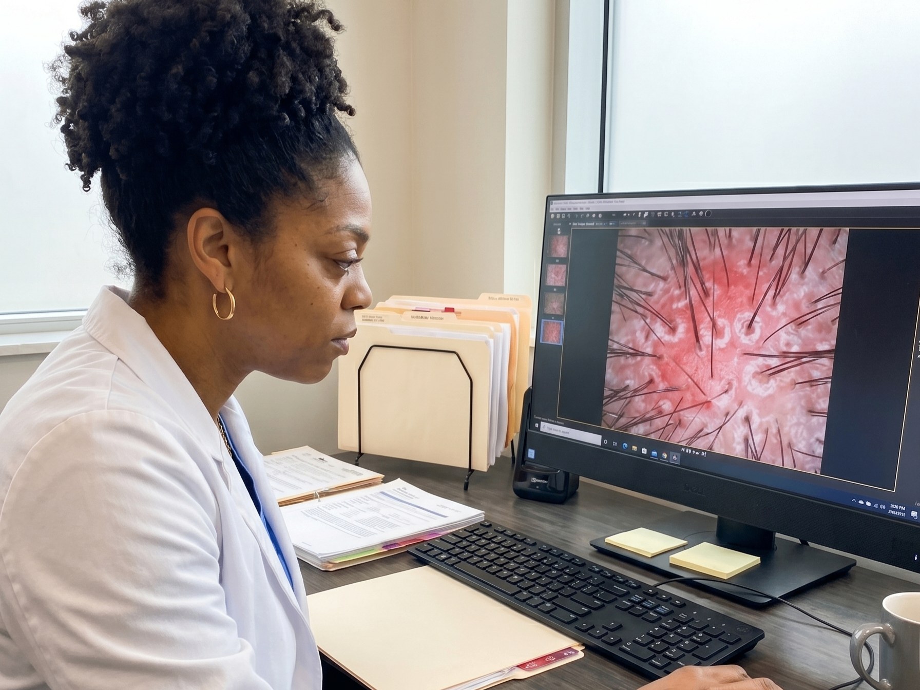 Dr. Williams reviewing a magnified scalp scope image showing inflamed follicles