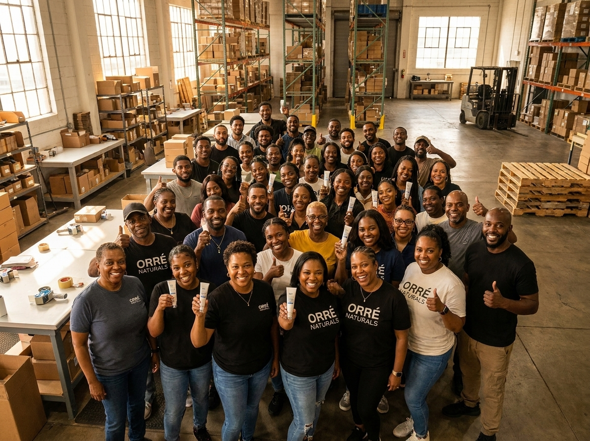 The OrréNaturals team holding the ampoule in their warehouse
