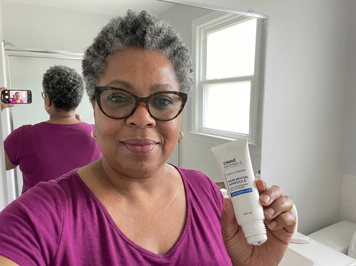 Holding the OrreNaturals Hair Revival Ampoule with precision rollerball
